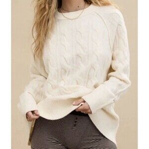 Aerie Women's UnREAL Cable Knit Crew Neck Sweater Ivory Medium Oversized NWT
